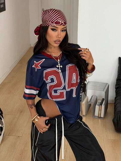 Coolane 女士夏季节日复古街头运动服号码印花超大棒球衫T恤