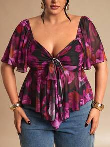 SHEIN BAE Bluzka w stylu gotyckim w dużym rozmiarze z kwadratowym dekoltem i koronką z bufiastymi rękawami/ Top w dużym rozmiarze z wiązaniem z przodu/ Bluzki w dużych rozmiarach/ Bluzki w dużych rozmiarach/ Damskie bluzki na ramiączkach typu spaghetti, kokardka dekoracyjna, Letnie eleganckie przyjęcie świąteczne, urodziny, walentynki/sukienka dla gości weselnych. Ubrania w dużych rozmiarach/Halloween/powrót do domu/Boże Narodzenie/wyjście/urodziny dla kobiet/strój zachodni dla kobiet/bluzka na imprezę dla kobiet - Fioletowy - Zobacz 1