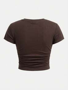 SHEIN Tween Girl 1pc Bow Print Ruched Side Tee & 1pc Pants Co-Ord - Brown - View 5