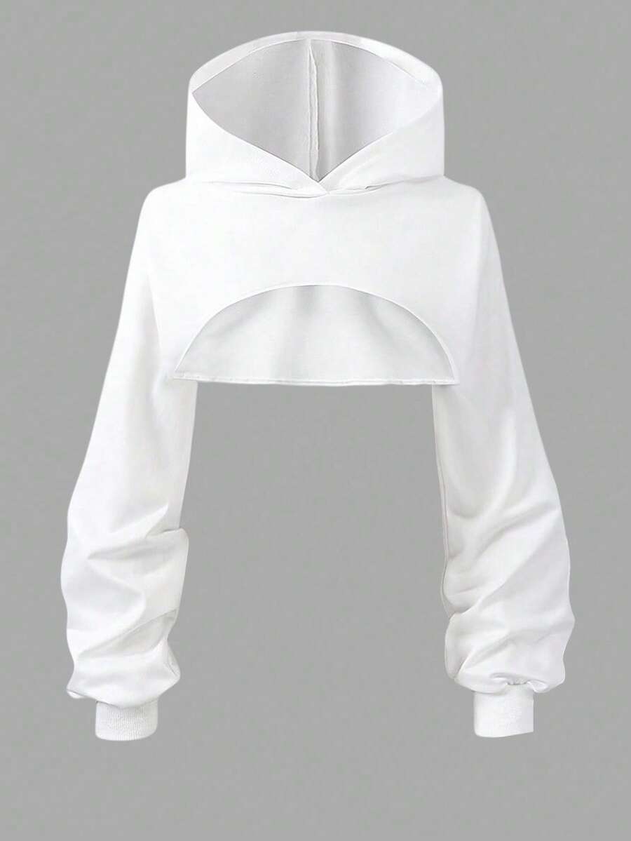 SHEIN Girlism Tween Girl Casual Cropped Textured Long Sleeve Sweatshirt For Everyday Wear,In Fall/Winter, Streetwear - White - View 1