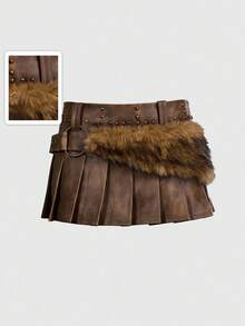 ROMWE EDITION Chân váy ngắn bằng da PU phối lông thú màu nâu kiểu retro Y2K gợi cảm dành cho nữ - màu nâu - Xem 1