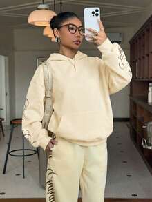 SHEIN EZwear 蛋黄色女式连帽刺绣卫衣 女式坏女孩服装 黄色卫衣 奶油黄服装 Y2K卫衣 - 淡黃色 - 查看 3