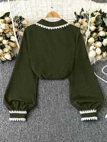 DreamSkyne Plus Size Women's Contrast Color Ruffle Button Long Sleeve Casual Shirt - Army Green - View 2