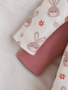 2件套新生女宝宝可爱卡通图案针织长袖连体睡衣套装 - 粉色 - 查看 8