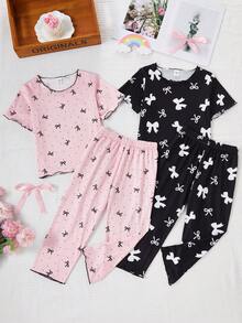 2件套女童针织蝴蝶结印花短袖上衣和裤子睡衣套装，春夏款 - 彩色 - 查看 1
