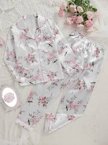 两件套女童优雅白色碎花印花翻领开衫和休闲裤舒适家居服