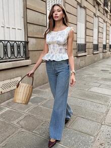 SHEIN PariChic Woven Embroidered Floral Pattern Drawstring Waist Women Tank Top - Apricot - View 3