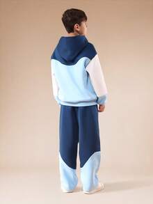 SUMWON Boys Color Block Hoodie And Sweatpants Co-Ord Set With Centre Pocket Hood Long Sleeve Casual Tracksuit Vacation - Navy Blue - View 2