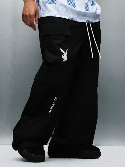 PLAYBOY X SUMWON Wide Leg Cargo Pants With Multiple Pockets Nylon Fabric Bunny Logo Streetwear Essential Oversized Black Drawstring Waist