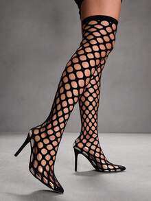 CUCCOO SZL Pointed Toe Chunky Heel Sexy Knee-High Boots - Black - View 4