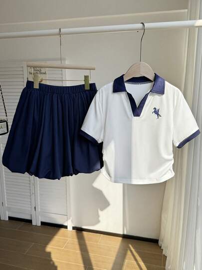 SHEIN Sparklyn Tween Girls Casual Versatile Daily Outfit, Polo Collar Printed Knit Sweater + Lined Skirt, Suitable For Daily Wear, School, And Sports