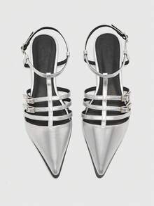 CUCCOO BIZCHIC Women's Pointed Toe Buckle Design Casual Fashionable Flat Shoes - Silver - View 4