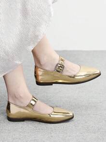 CUCCOO BIZCHIC Women's Shoes Spring And Autumn Comfortable Casual Cute Flat Shoes, Fashionable Commuting Silver Buckle With Square Buckle, Closed Low Vamp Small Square Toe Simple Slip On Shoes Office Vacation Women's Shoes Valentine's Day - Gold - View 1