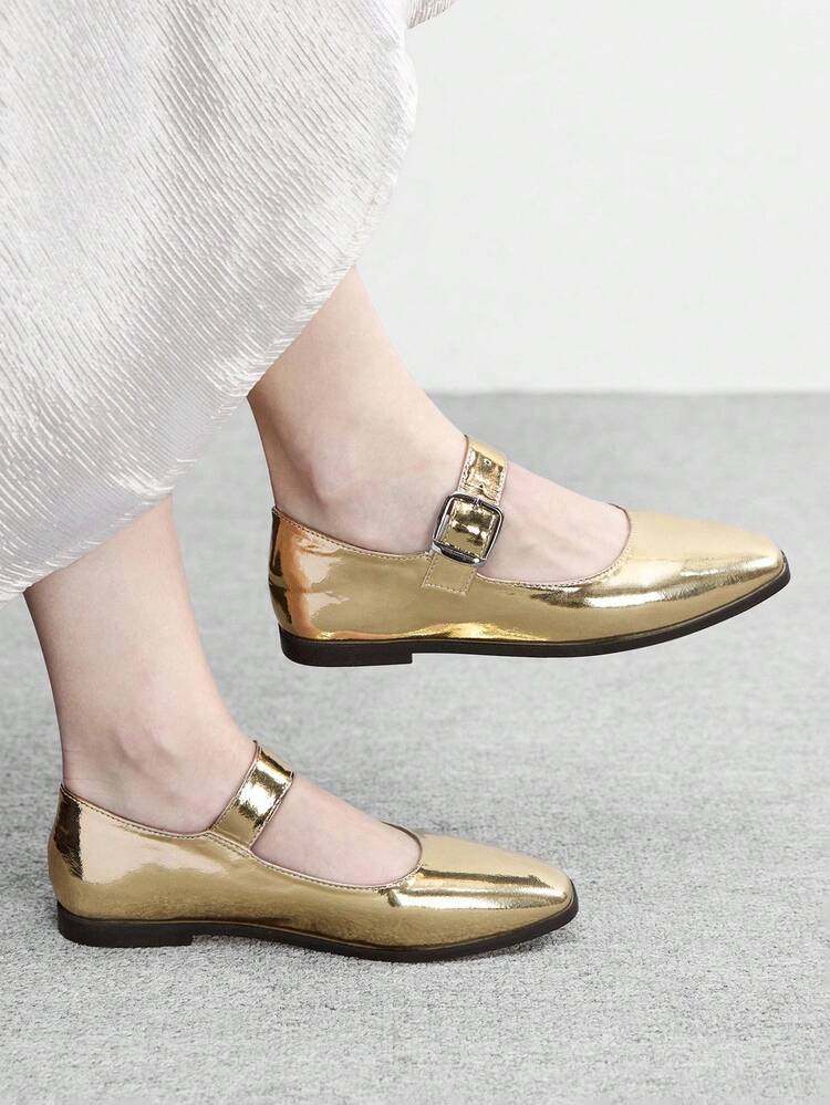 CUCCOO BIZCHIC Women's Shoes Spring And Autumn Comfortable Casual Cute Flat Shoes, Fashionable Commuting Silver Buckle With Square Buckle, Closed Low Vamp Small Square Toe Simple Slip On Shoes Office Vacation Women's Shoes Valentine's Day