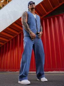 DAZY Men's Solid Blue Washed Denim Top & Pants Suit, Spring/Summer - Blue - View 6