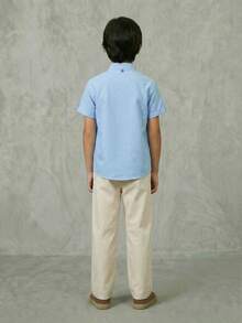 Casuvi Kids 1pc Tween Boys' Mandarin Collar Casual Solid Blue Short Sleeve Shirt, Front CSV Graphic, Versatile Spring/Summer Sky Blue Shrit For Kids Boys Sky Blue Shirt For Kids Boys - Blue - View 5