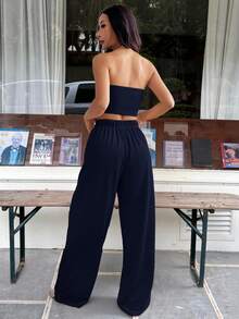 SHEIN EZwear Conjunto de top tubo y pantalones de punto azul marino para mujer, primavera/verano - Azul Marino - Ver 2