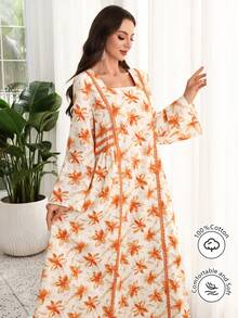 Al Najma Fashionable Floral Print Ruffle Trim Square Neck Loose Elegant Dress - Multicolor - View 1
