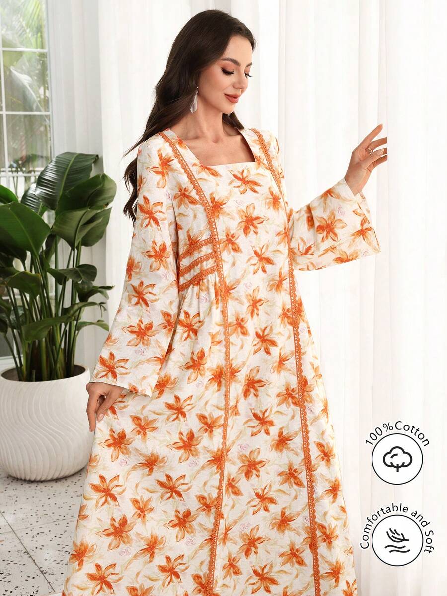 Al Najma Fashionable Floral Print Ruffle Trim Square Neck Loose Elegant Dress - Multicolor - View 1