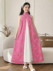 SHEIN Vestido de niña preadolescente de estilo primavera/verano con estampado floral, cuello blanco y parches en color fucsia, de estilo medio oriental/árabe - Rosa Fucsia - Ver 2