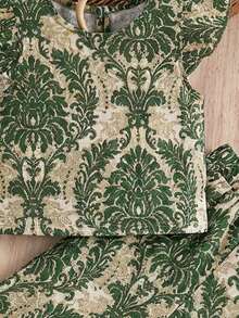 SHEIN Baby Girl Casual Floral Print Ruffle Armhole Top And Wide Leg Pants Set, Spring/Summer/Autumn - Green - View 4