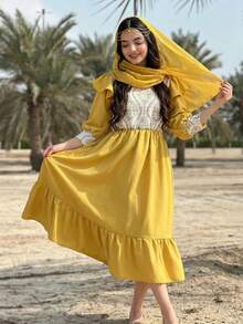 Teen GirlFestive Middle Eastern Satin Patchwork Embroidered Pattern Princess Puff Sleeve Princess Dress - Yellow - View 3