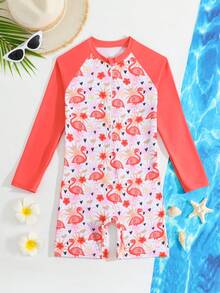 SHEIN 幼儿/小女孩可爱火烈鸟印花长袖防晒泳衣 - 彩色 - 查看 3