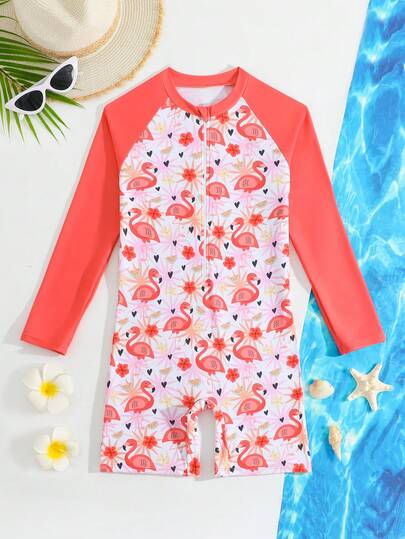 SHEIN 幼儿/小女孩可爱火烈鸟印花长袖防晒泳衣