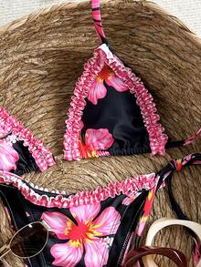 Swim Mod Bộ bikini hai mảnh dành cho nữ, họa tiết kẻ caro, bèo nhún, cổ chữ V, hở lưng, kiểu tam giác, buộc dây, thích hợp cho mùa xuân/hè, bikini hoa, bikini có charm, bikini đi nghỉ mát, bikini Hawaii, bikini tắm nắng. - màu đen - Xem 6