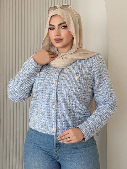 Dazy Plus 大码女式圆领长袖短款开衫外套，优雅