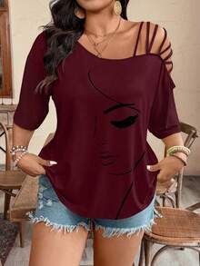 Breezaya Große Größen T-Shirt mit asymmetrischen Trägern und Porträtdruck, Kurzarm - Bordeaux - Übersicht 7