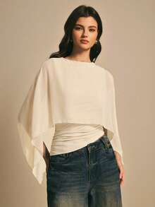 Poéselle Áo sơ mi nữ thanh lịch màu trơn cổ bẻ - Màu be - Xem 4