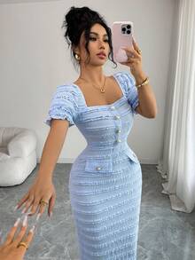 Elenzga Mẫu đầm midi ôm dáng, tay ngắn, cổ vuông, chất liệu dệt kim, kiểu dáng thanh lịch, đa năng, mới về dành cho nữ. - Màu xanh lam - Xem 7