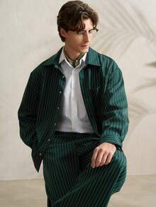 Airaco 男士休闲条纹衬衫长裤套装，春秋季 - 綠色 - 查看 3