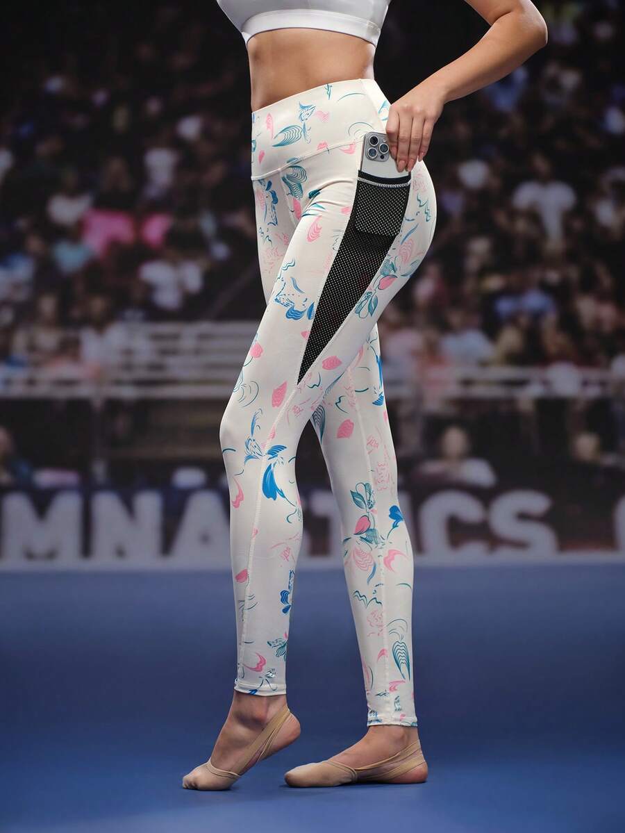 SHEIN Unity Women's Floral Print High Waist Pockets Sports Leggings - Apricot - View 1