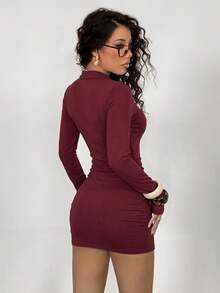StreetHx 女士Y2K休闲街头风长袖纯色迷你连衣裙，约会之夜穿搭 - 酒紅色 - 查看 2