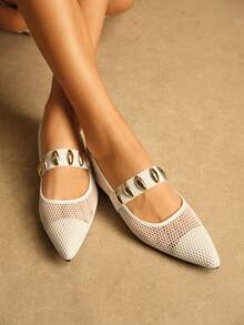 Rosivie Women Casual Versatile Commuting Minimalist Hollow Metal Decor Pointed Toe Flats - White - View 6