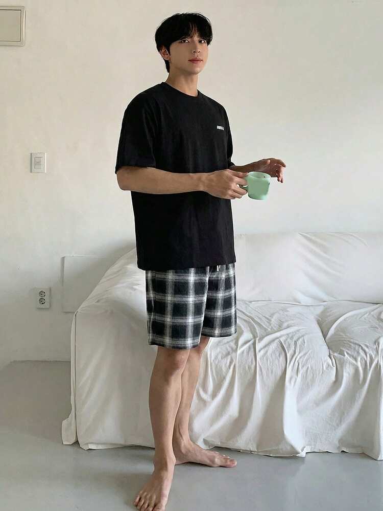 Men's Summer Multi-Color T-Shirt And Plaid Pants Pajama Set