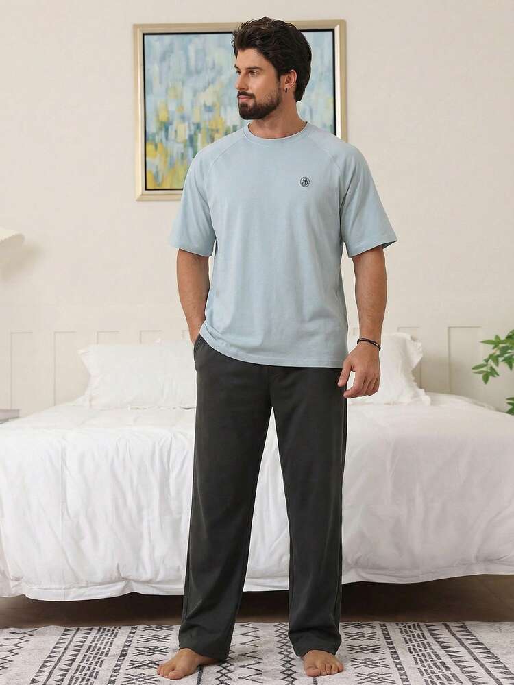 Men's Letter Print Contrast Color T-Shirt And Loungewear Set, Summer