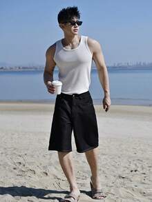 DAZY Pantalones cortos de mezclilla negros sólidos desgastados y desgastados para hombres, vacaciones de verano - Azul - Ver 6