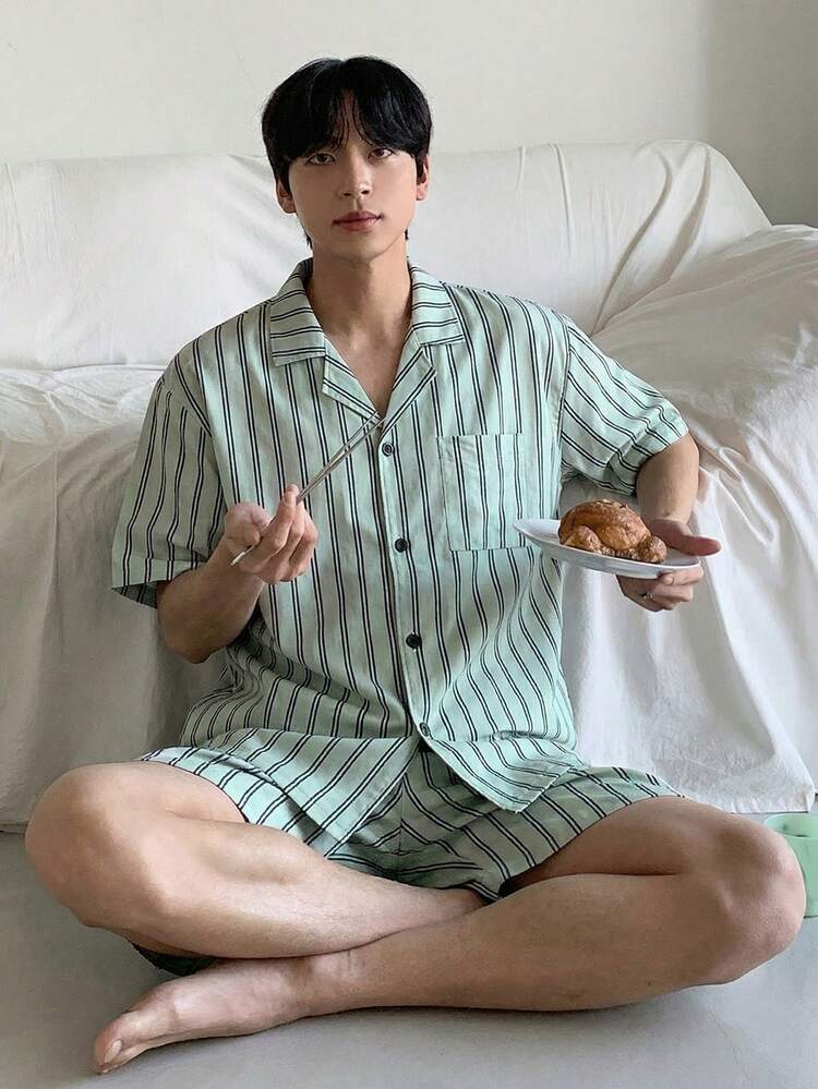 Summer Multi-Color Striped Short Sleeve Shirt And Shorts Men Pajama Set