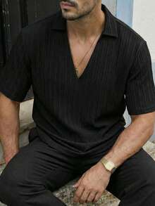 HIMLAND 男士纯色罗纹休闲百搭通勤短袖 Polo 衫 - 黑色 - 查看 5