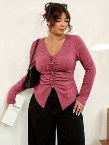 Vionelle Áo thun dài tay dáng ôm cổ chữ V, xếp ly, kẻ sọc, chất liệu dệt kim mềm mại, cỡ lớn, giúp thon gọn vóc dáng, thích hợp cho mùa thu/đông. - Màu Hồng  Dưa hấu - Xem 1