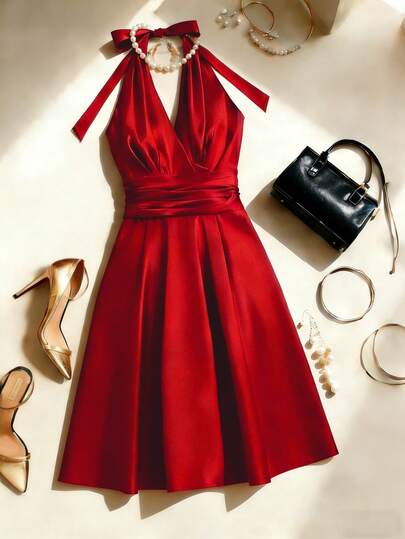 Franclia Vinröd klänning med rynkad midja och halterneck för kvinnor, vår/sommar