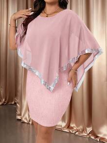 Cravure Capa con cuello redondo de talla grande con parches de gasa con lentejuelas y cuentas, cinta elegante, 2 en 1 vestido de fiesta de tela jacquard texturizada - Rosa Pálido - Ver 6