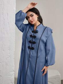 Graceveil 立领撞色门襟阿拉伯风连衣裙，春夏款 - 藍色 - 查看 6