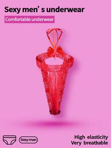 WENEZON 男士蕾丝蝴蝶结装饰三角裤，性感无裆内裤，舒适透气贴身内衣 - 紅色 - 查看 2
