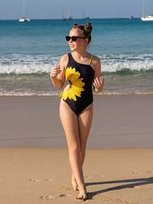 1pc Sunflower Print Hollow-Out Side Design One-Piece Swimsuit For Women, Vacation Style - Black - View 8