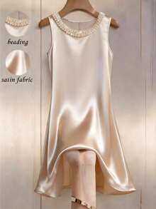 Franclia Women's Elegant Champagne Satin Round Neck Dress, Pearl Beaded Neckline, Smooth Satin Fabric, Pearl Button Decor, Simple Yet Sophisticated, Basic Style Elevated By Pearl & Satin Material, Suitable For Spring/Summer Commute, Daily Wear, Winter, Party, Beach, Date, Graduation, Business, Urban Teacher Uniform, Christmas, New Year, Casual Dress, Pearl Beaded Dress