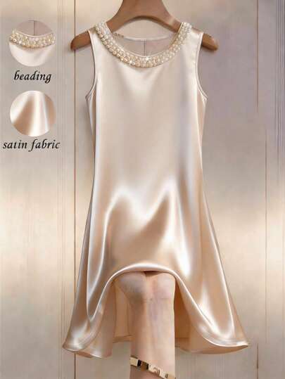 Franclia Women's Elegant Champagne Satin Round Neck Dress, Pearl Beaded Neckline, Smooth Satin Fabric, Pearl Button Decor, Simple Yet Sophisticated, Basic Style Elevated By Pearl & Satin Material, Suitable For Spring/Summer Commute, Daily Wear, Winter, Party, Beach, Date, Graduation, Business, Urban Teacher Uniform, Christmas, New Year, Casual Dress, Pearl Beaded Dress